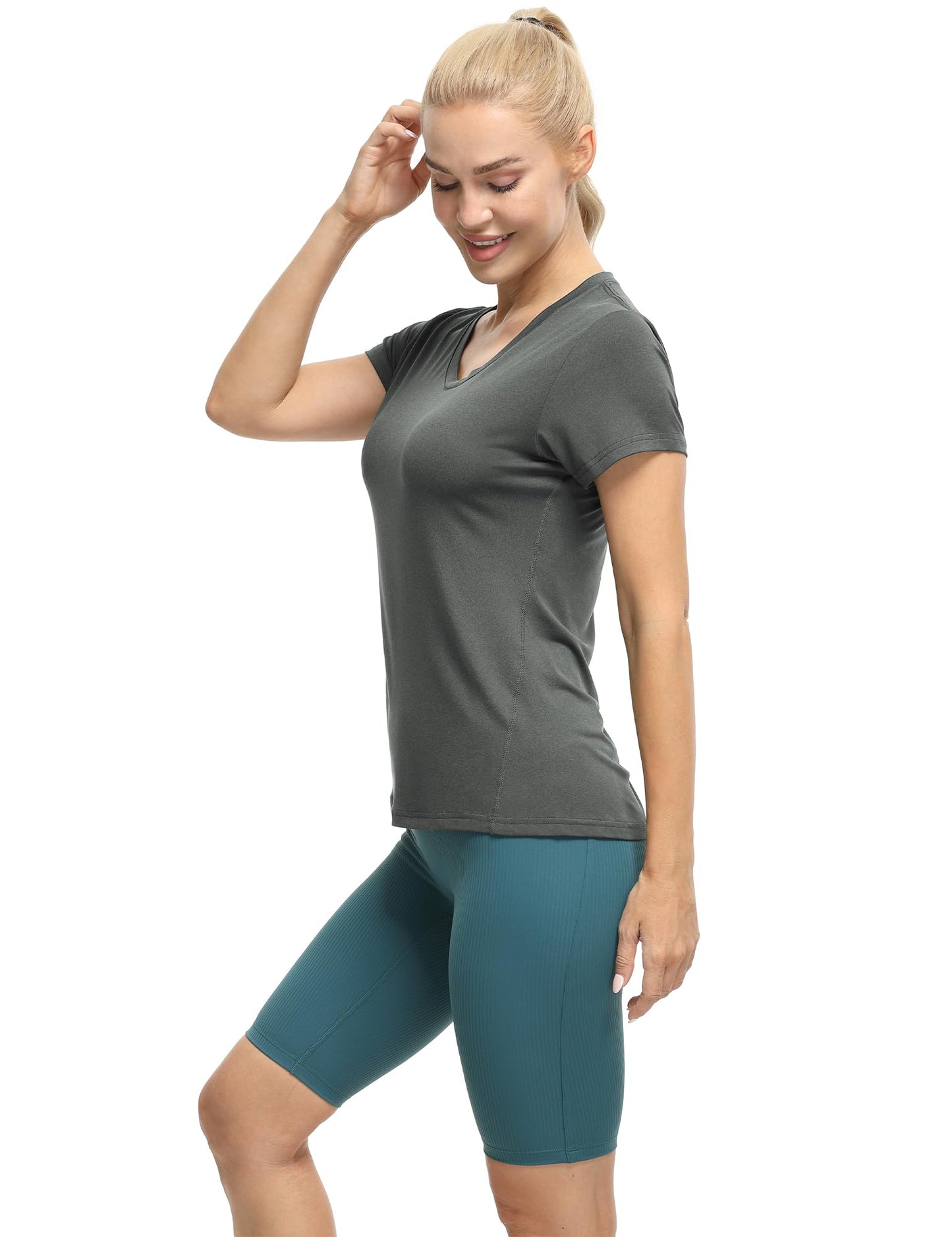 icyzone Workout Shirts Yoga Tops Activewear V-Neck T-Shirts for Women Running Fitness Sports Short Sleeve Tees (Dark Grey/True Navy/Aqua, S)