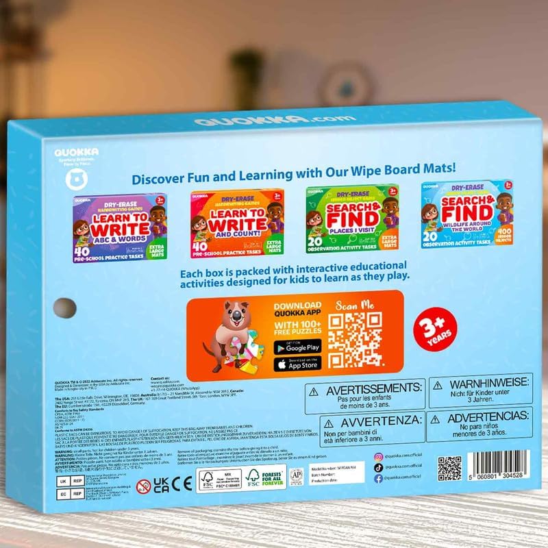 QUOKKA Busy Book Handwriting Practice for Kids - Search & Find - Activity Cards for Kids 3-8 – Reusable Mats with Dry-Erase Marker, Explore 20 Topics, Road Trip Activities, and Travel Games