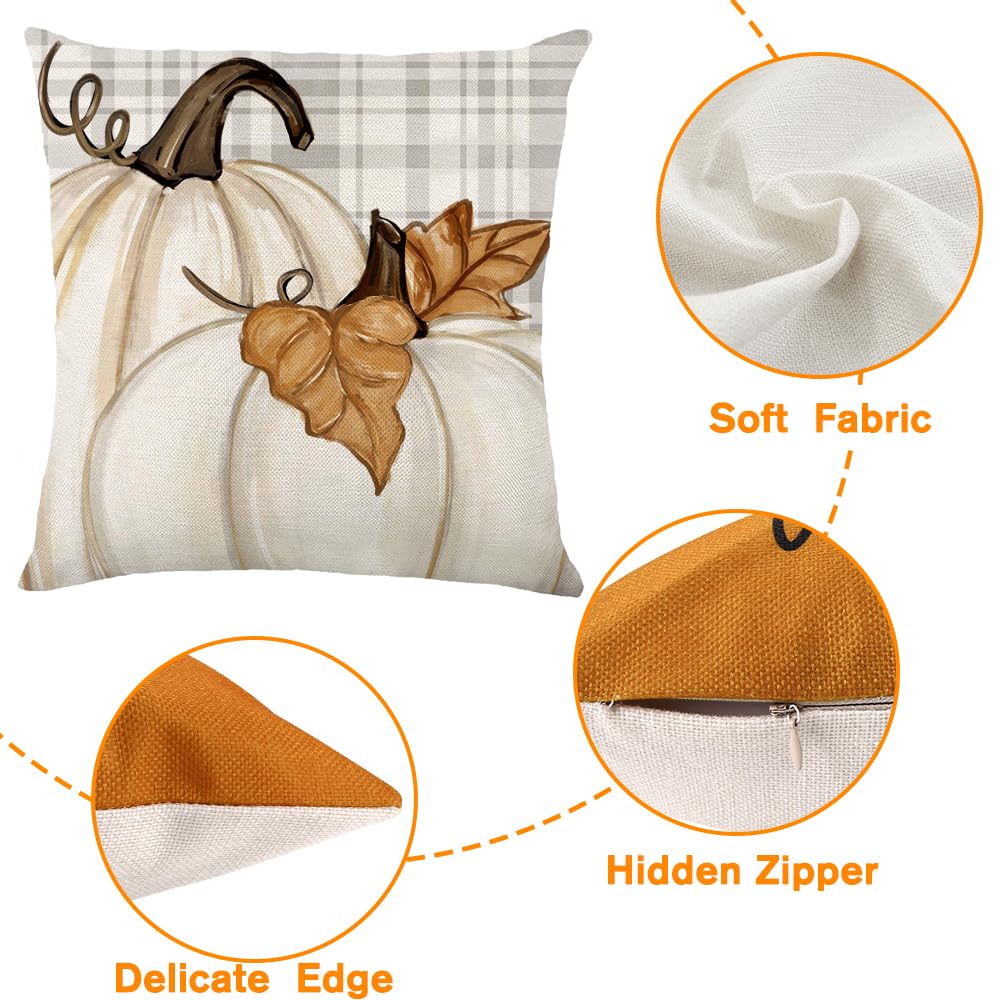 Heirloom Haven Fall Pumpkin Throw Pillow Covers 18x18 Set of 4, Maple Leaves Love Autumn Thanksgiving Harvest Decorative Pillows Outdoor Farmhouse Seasonal Cushion Case for Home Sofa Couch Decor