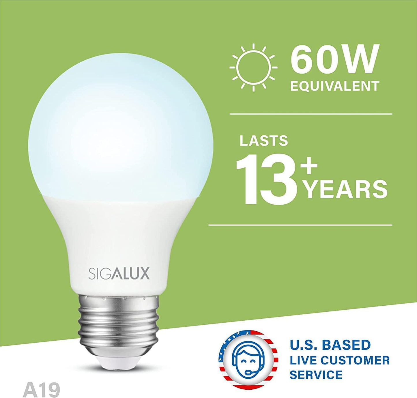 Sigalux 60W Equivalent A19 LED Light Bulb, Daylight Led Light Bulbs 5000K 800LM E26 Medium Base, Non-Dimmable LED 9.5 Watt Standard Light Bulbs, UL Listed, 10 Packs
