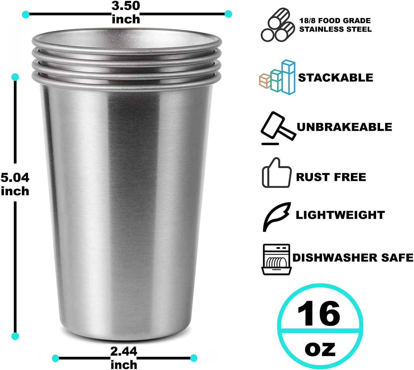 SMLIXE 12 Pack 16oz Stainless Steel Pint Cup,Healthy Unbreakable and Stackable,Metal Drinking Glasses，Beer Glasses