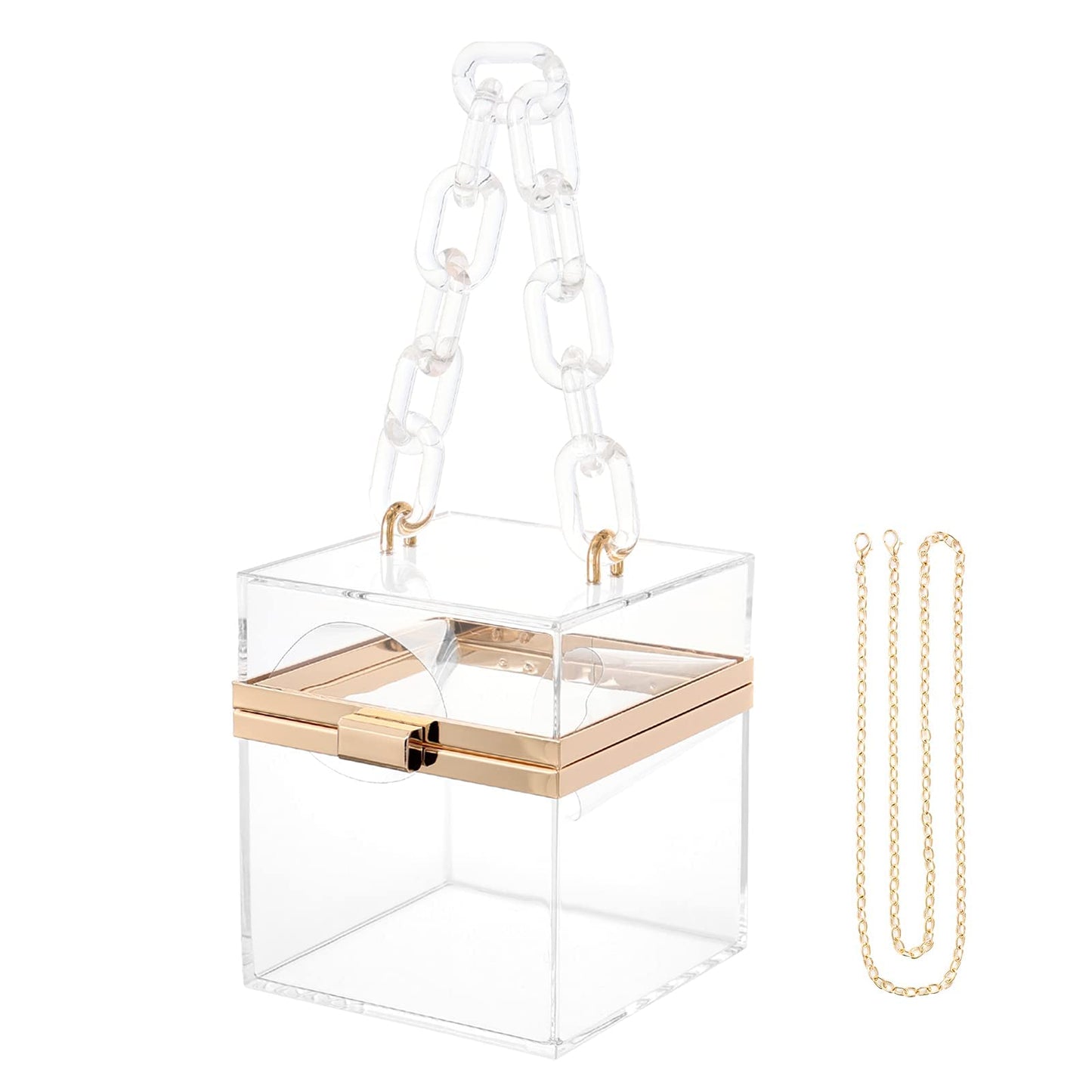 WJCD Cute Clear Acrylic Plastic Neon Hard Frame Party Clutch Purse with Gold Chain Strap (Transparent)