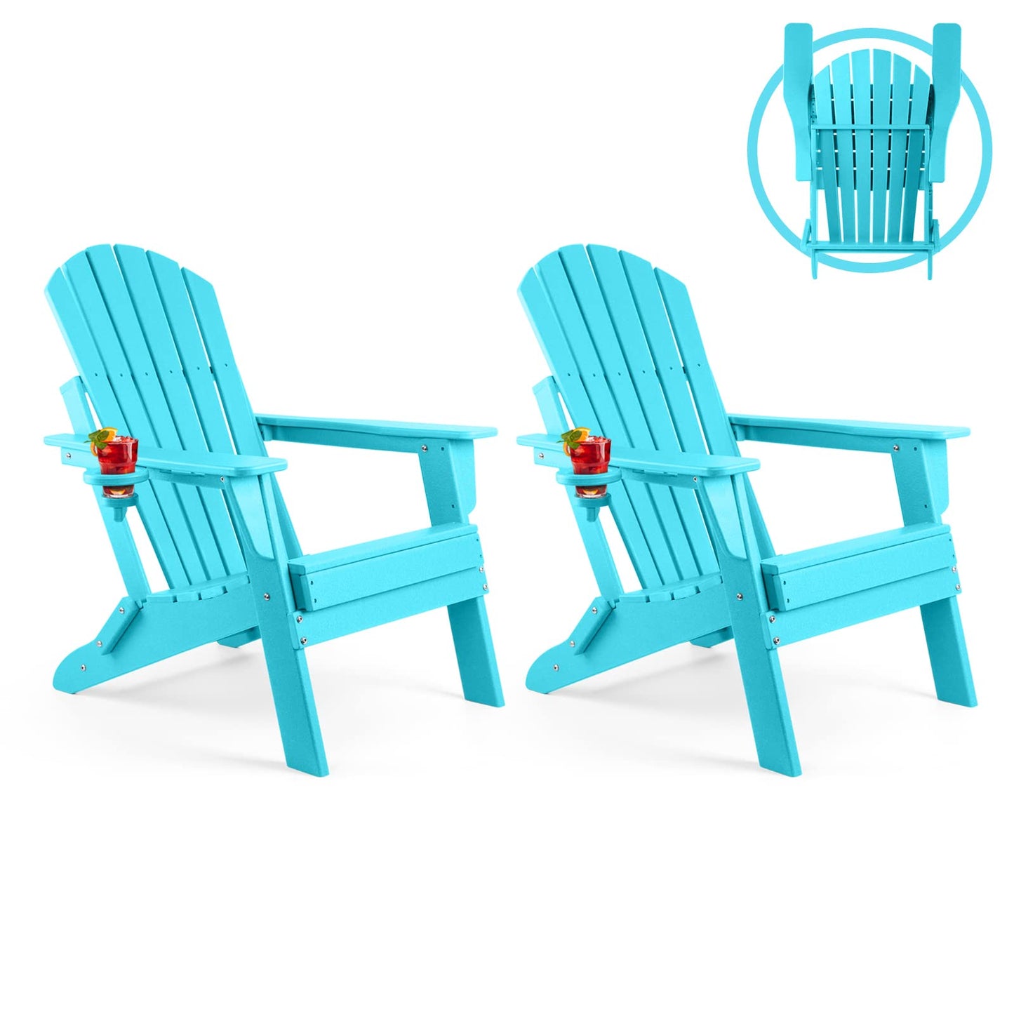 FUNBERRY Folding Adirondack Chair Set of 2, All Weather HDPE Fire Pit Chairs with Cup Holder for Outdoor