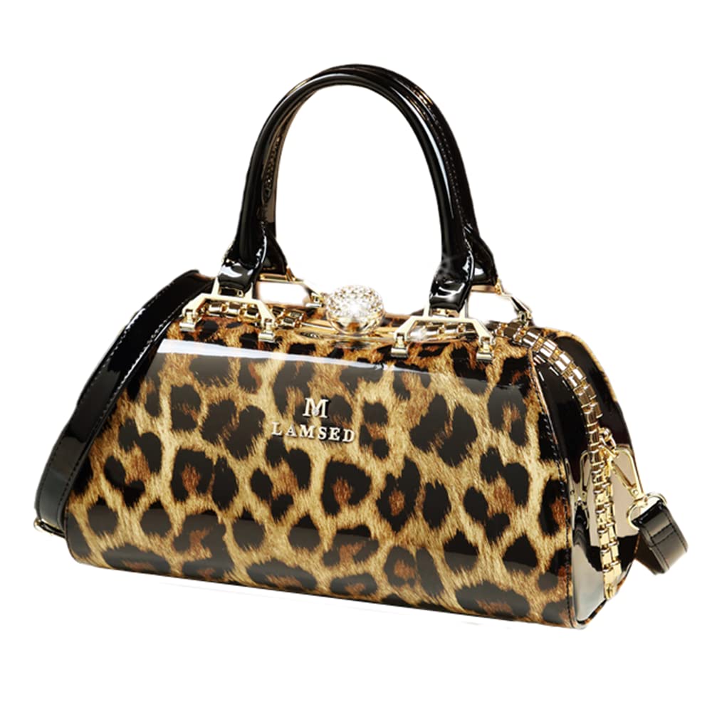 Shirt Luv Fashion Leather Women's Top Handle Satchel Crossbody Handbags Crystal Evening Bag Purses Hard Shoulder Bags (Leopard)