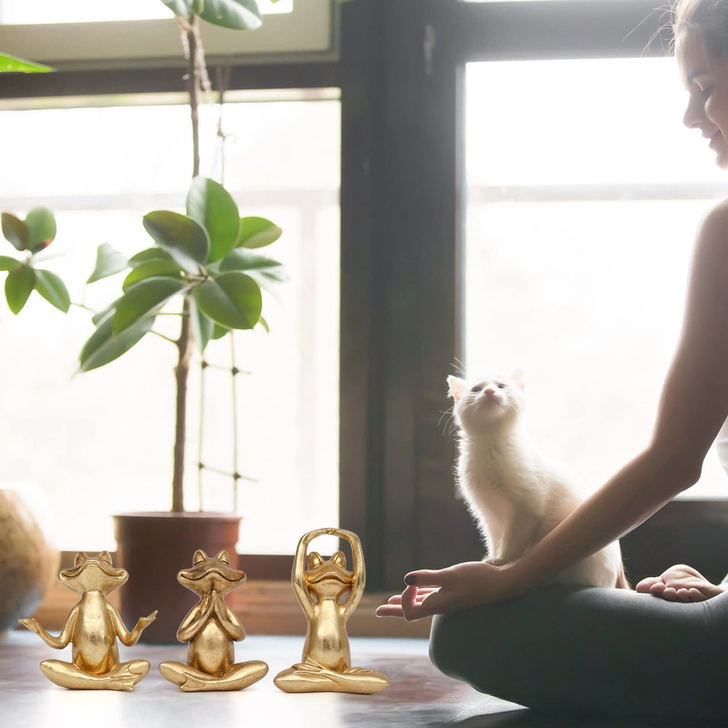 Gold Frog Figurines Yoga Decor 3.7In Set of 3 –Frog Yoga Statues for Modern Living Room Desk Table Home Office Bookshelf Shelves Sculptures Decor,Gifts for Mom Women