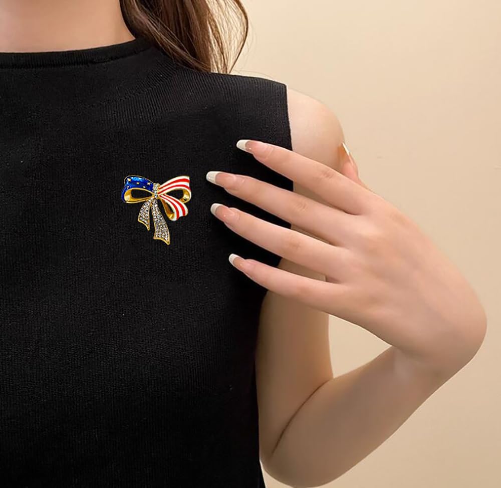 Rhinestone Bowknot USA Flag Brooch Pin for Women Gold Plated Fashion Crystal Star Blue Red Enamel 4th of July American Patriotic Medal Brooches Dress Accessories Independence Presidential Election Day