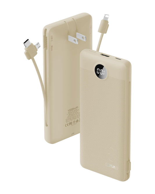 Portable Charger Built-in Cables and AC Wall Plug, USB C Power Bank 10000mAh, Travel Battery Portable Phone Charger Compact Lightweight External Battery Pack for Smart Phones, Tablets etc-Light Coffee