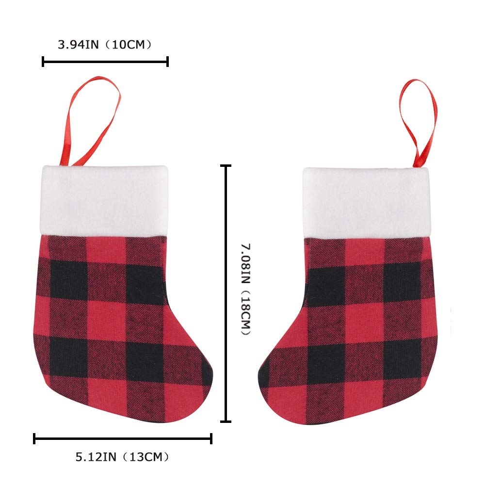 QBSM 24 Pack Mini Christmas Stockings, 7 inches Buffalo Plaid with Plush Cuff Small Stockings, Xmas Classic Black Red Plaid Stockings Decorations for Whole Family