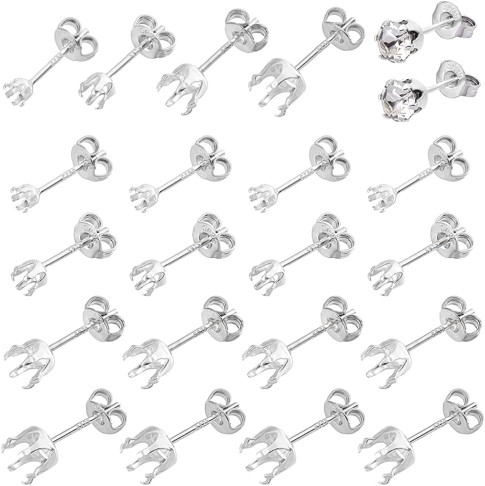 PH PandaHall 10 Pairs 5 Styles 925 Sterling Silver Ear Studs Post Studs 6-Claw Earring Blanks Prong Earring Settings Jewellery Blanks for Gemstones Stud Earring Making Supplies DIY Crafts