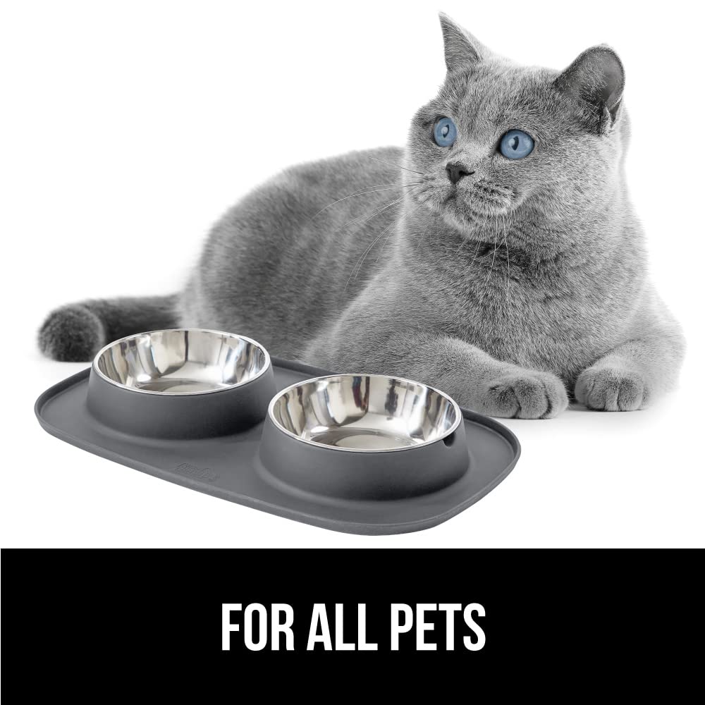 GORILLA GRIP Patent Pending 100% Waterproof BPA Free Cat and Dog Bowls Silicone Feeding Mat Set, Stainless Steel Bowl Slip Resistant Raised Edges, Catch Water, Food, Pet Accessories, 2 Cup, Gray