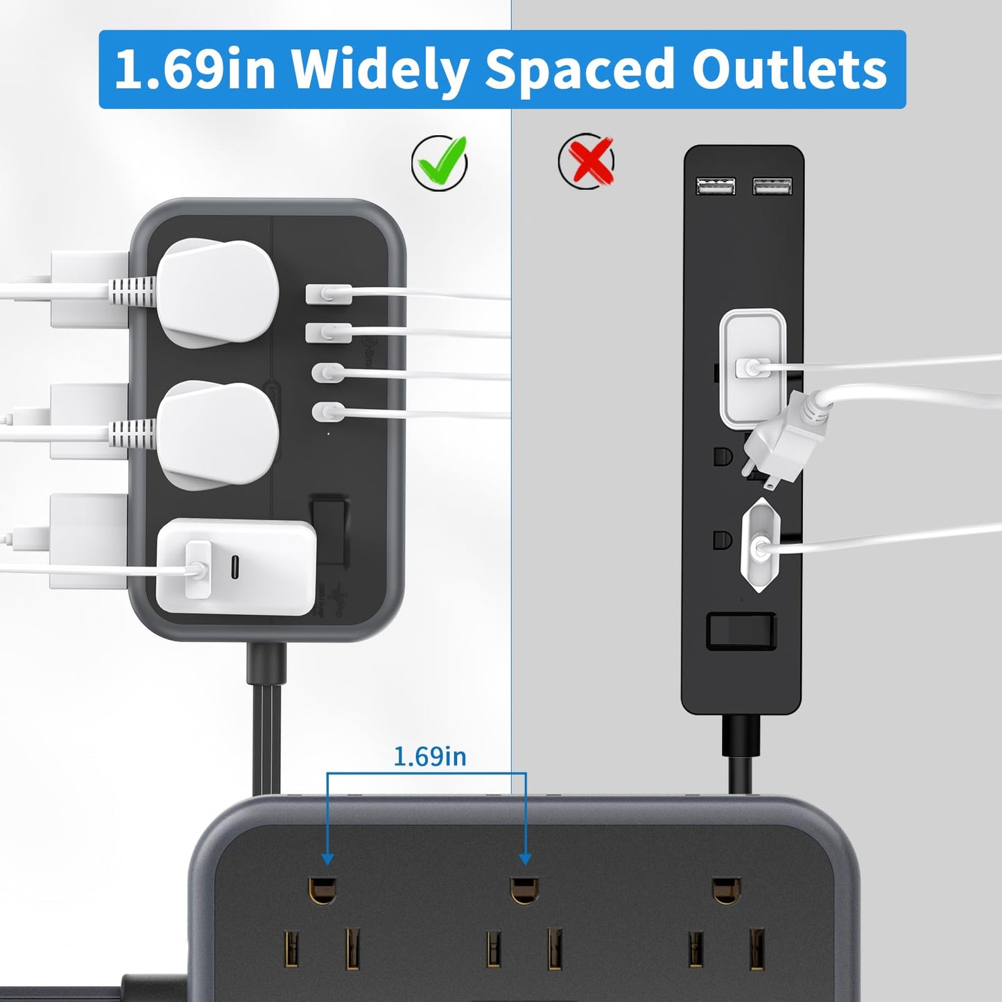 NTONPOWER Surge Protector Power Strip with 6 Outlets 4 USB Charging Station(2 USB C Port), 5 Ft Flat Extension Cord, Outlet Extender for Indoor, Home, Office Supplies, Dorm Room Essentials, Black