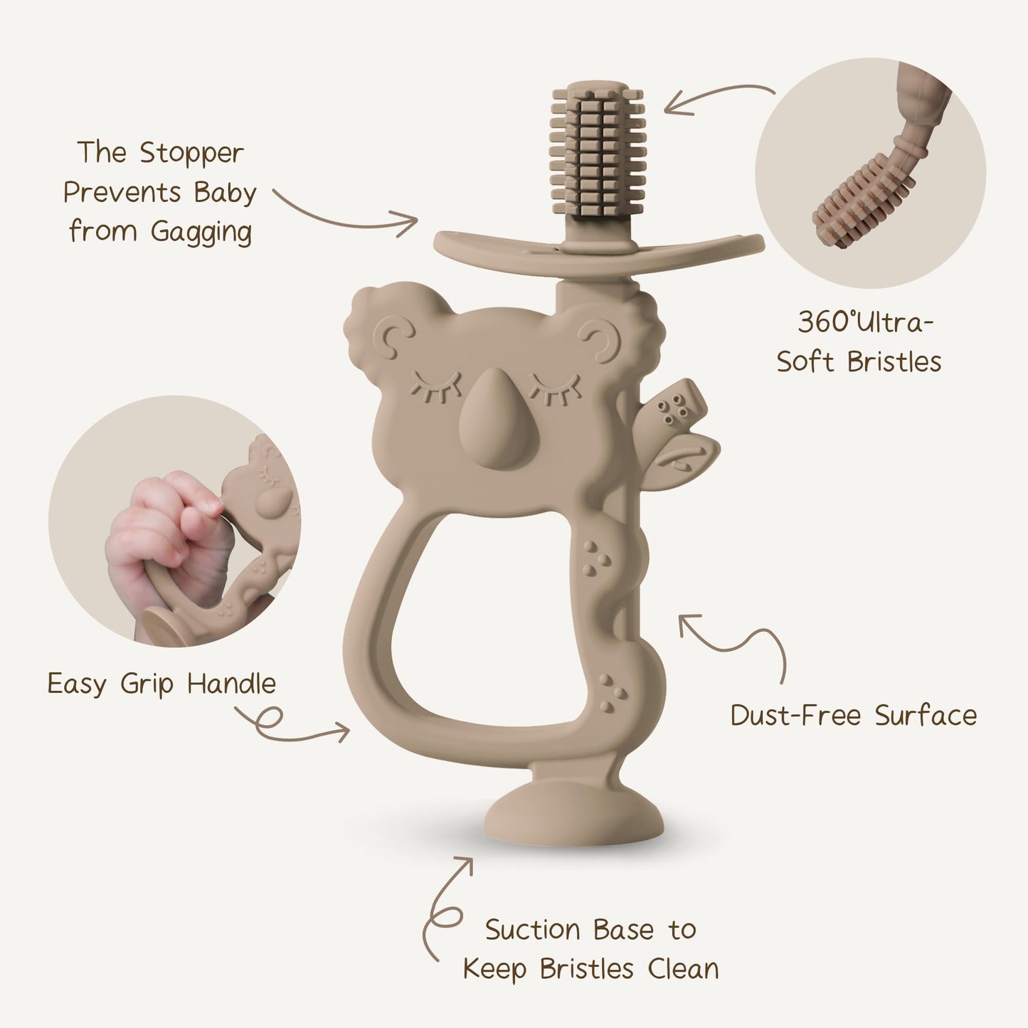 Moonkie Teething Toy, Safe & Easy to Hold BPA Free Silicone Teethers, 360° Baby Toothbrush with Suction Base, Teether Toys Best for Babies 6-12 Months (Koala Warm Taupe)