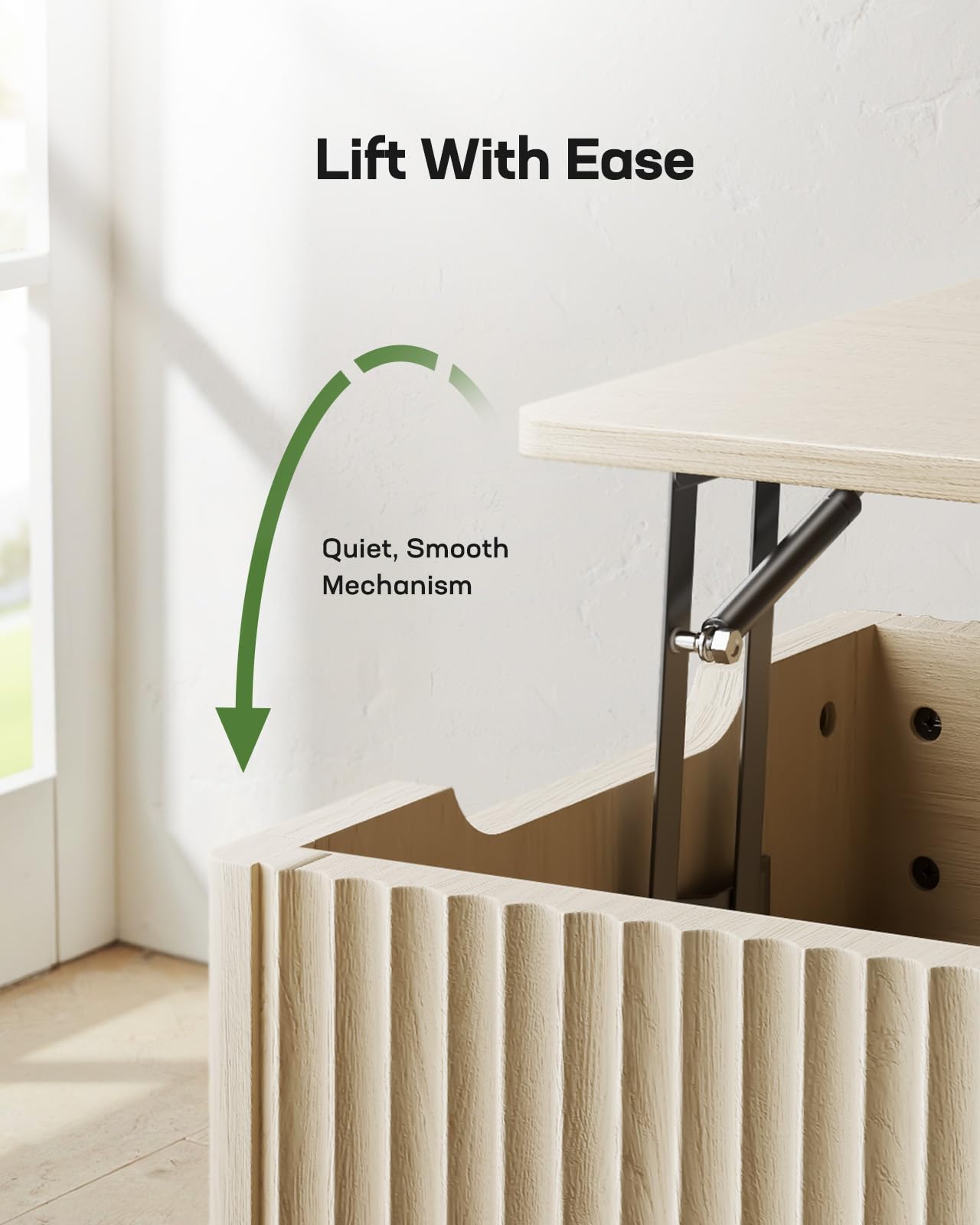 Marsail Lift Top Coffee Table with Open & Hidden Storage, Modern Fluted Coffee Table with Smooth Lift Mechanism, Sturdy Space-Saving Center Table for Home Living Room, Office, Natural Oak