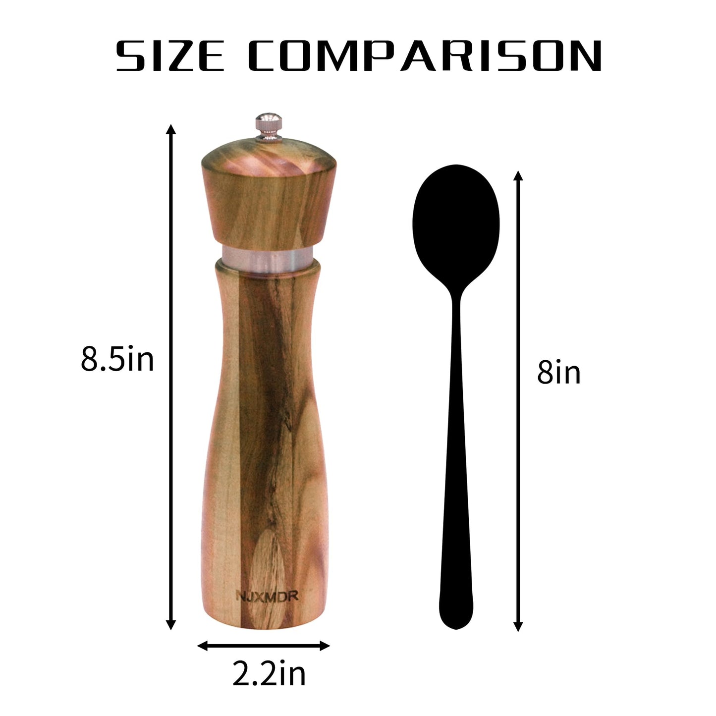 8-Inch Acacia Wood Salt and Pepper Grinders with Adjustable Ceramic Mechanism,Refillable Mills for Fine or Coarse Spices