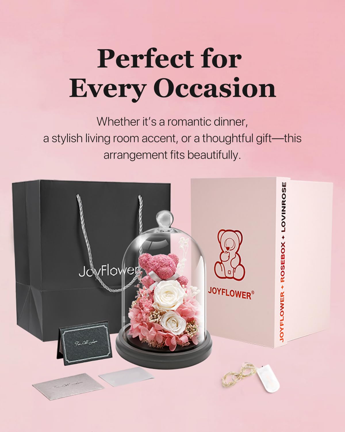 JoyFlower Preserved Flowers in Glass Gifts for Women, Pink Eternal Rose Bear Gift, Preserved Rose Forever Flowers in Glass Dome for Mom Wife Girlfriend on Birthday Anniversary Mother's Valentine's Day