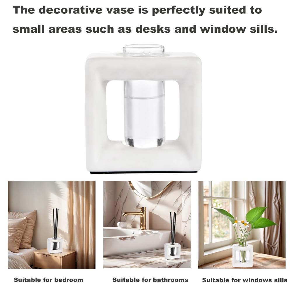 ORGJ Ceramic Propagation Station - 2-in-1 Water Propagation Vase & Aroma Diffuser for Plants, Geometric Propagation Tubes with Plant Rooting Containers, Modern White Decor