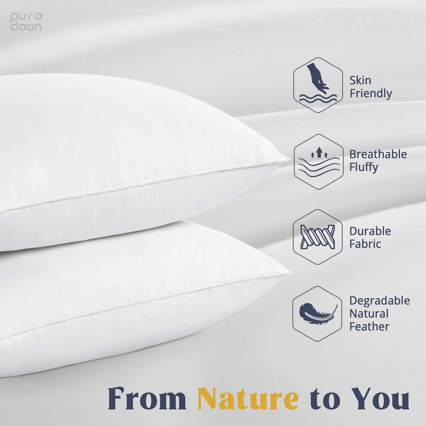 puredown® Goose Feathers and Down White Pillows with 100% Soft Cotton Cover, Bed Sleeping Hotel Collection Pillows Set of 2 King Size