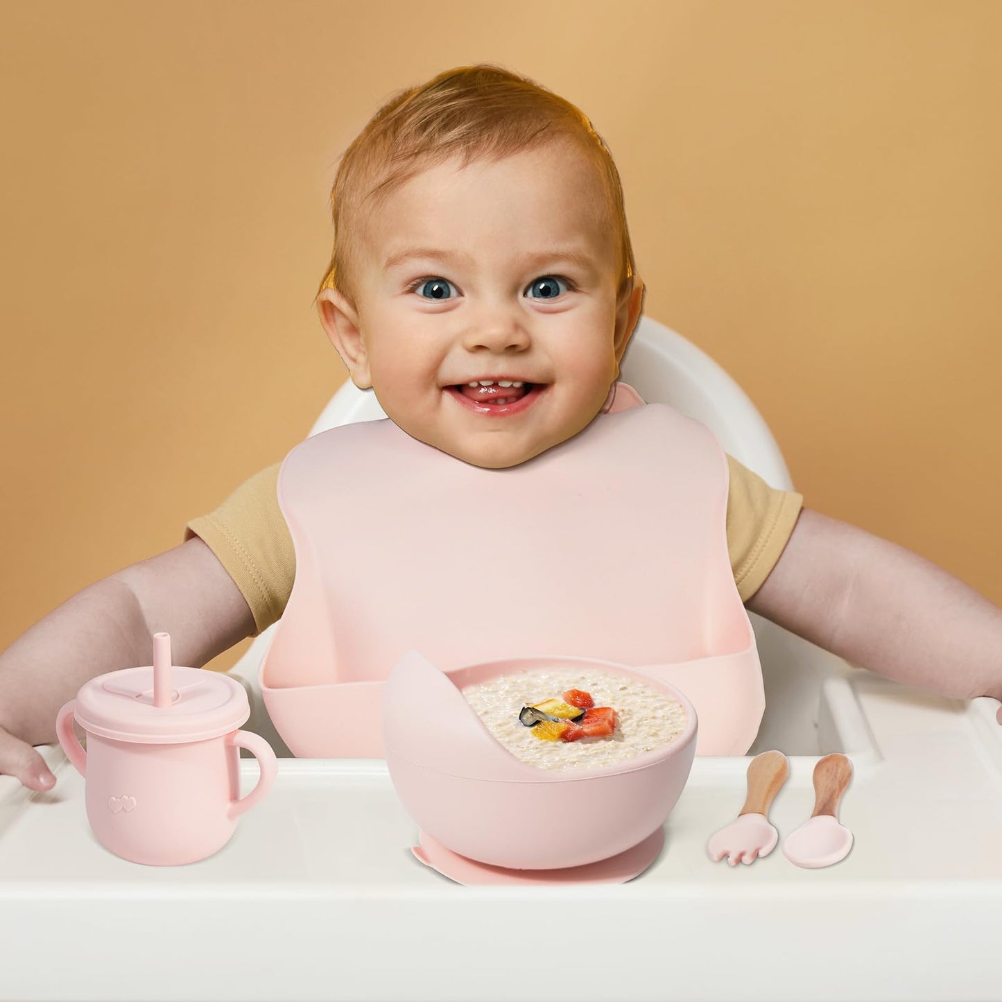 Dormlony 100% Silicone Baby Feeding Set,BPA Free Baby Dishes Set with Suction Bowl Divided Plate,Toddler Self Feeding Dish Set with Spoons Forks Sippy Cup and Bib, Baby Eating Utensils (Pink)