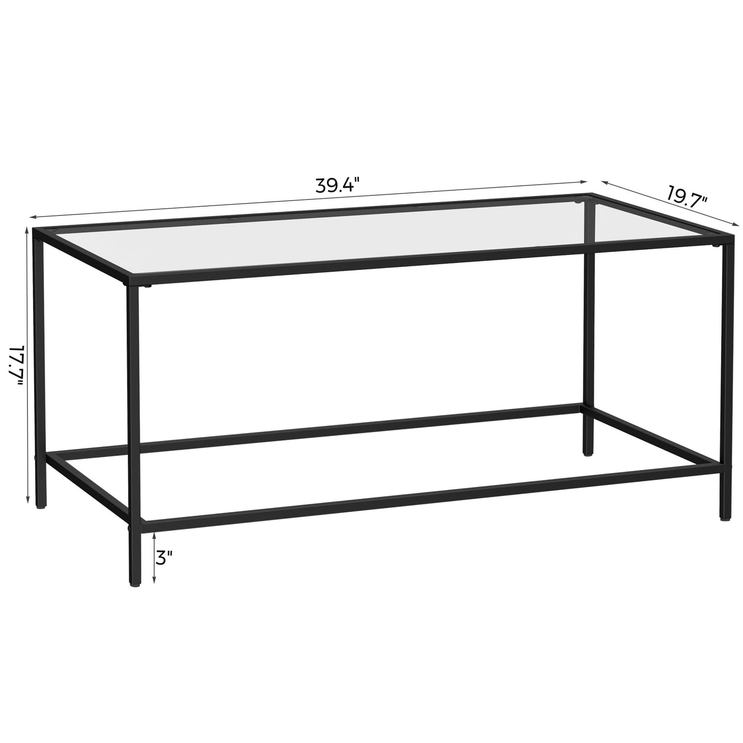 Homleke Glass Coffee Table, Modern Rectangular Black Coffee Table for Living Room, Minimalist Center Tea Table with Sturdy Metal Frame for Apartment, Office, Dining Room, Easy Assembly, Black
