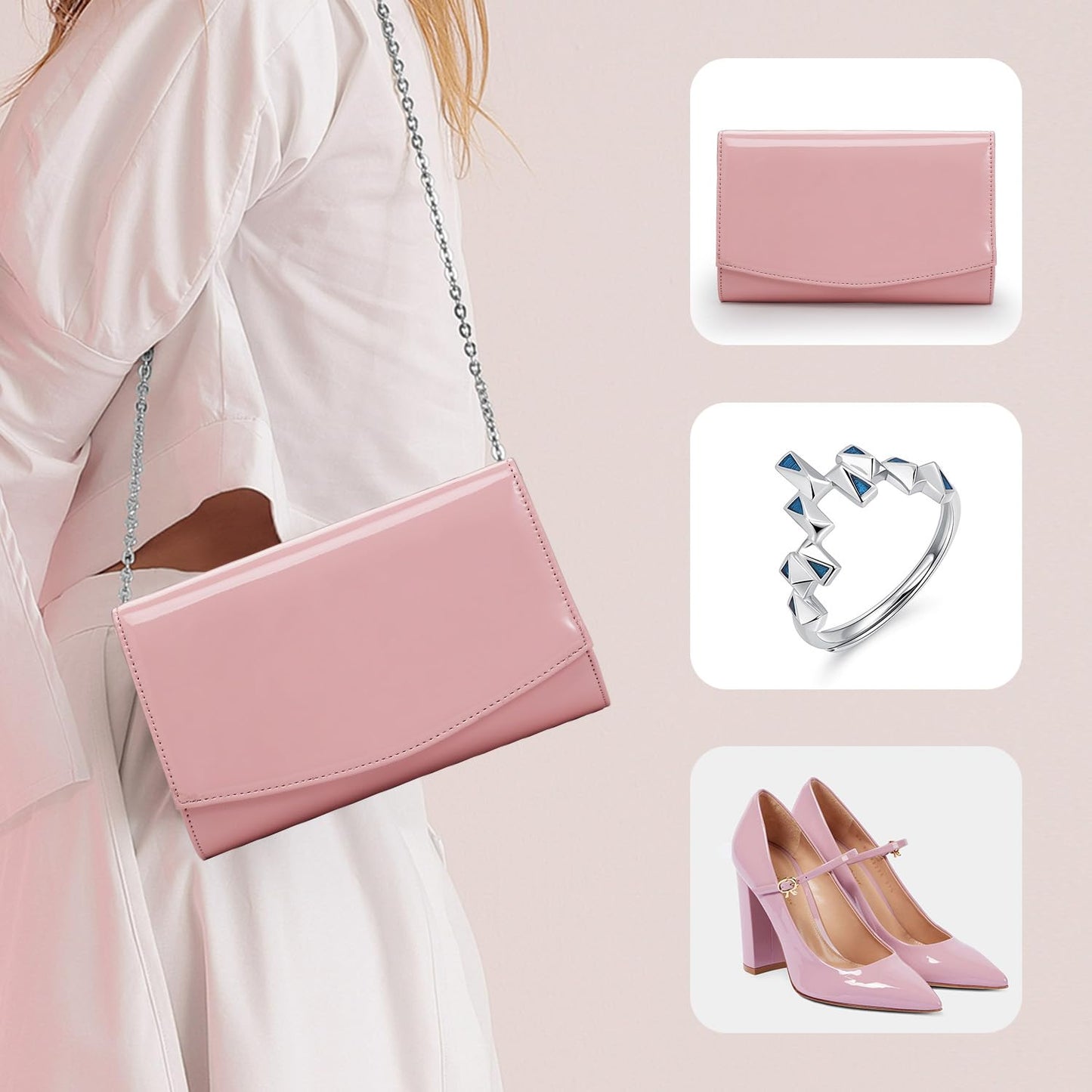 WALLYN'S Women Patent Leather Wallets Fashion Clutch Purses, Evening Bag Handbag Solid Color (Pink)