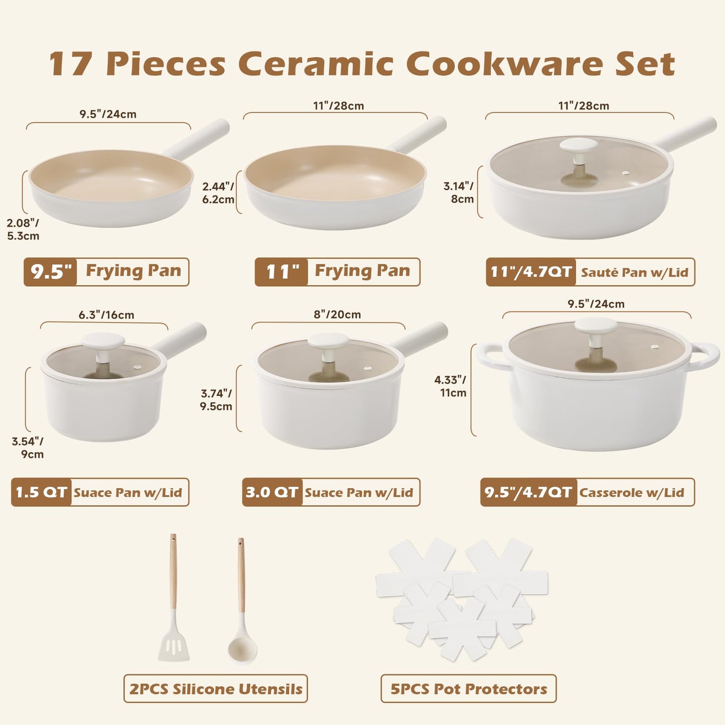 JEETEE Ceramic Cookware Sets 17pcs, Pots and Pans Set Non Stick, Healthy Induction Kitchen Cooking Set with Removable Handles, Stackable Pots Pans, Oven Safe, PFOA/PFOS Free, Beige