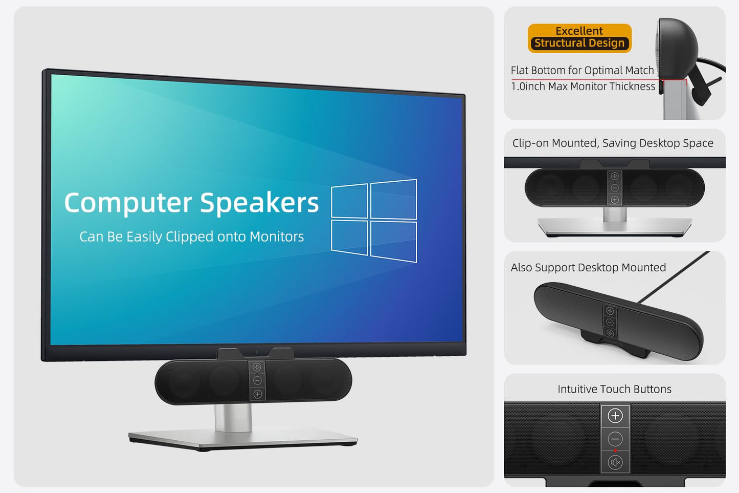 Computer Speakers for Desktop PC Monitor, USB Plug-in, Wired, Computer Soundbar for PC, Laptop Speakers with Adaptive-Channel-Switching, Loud Sound, Deep Bass, USB C Adapter, Easy to Clip on Monitor