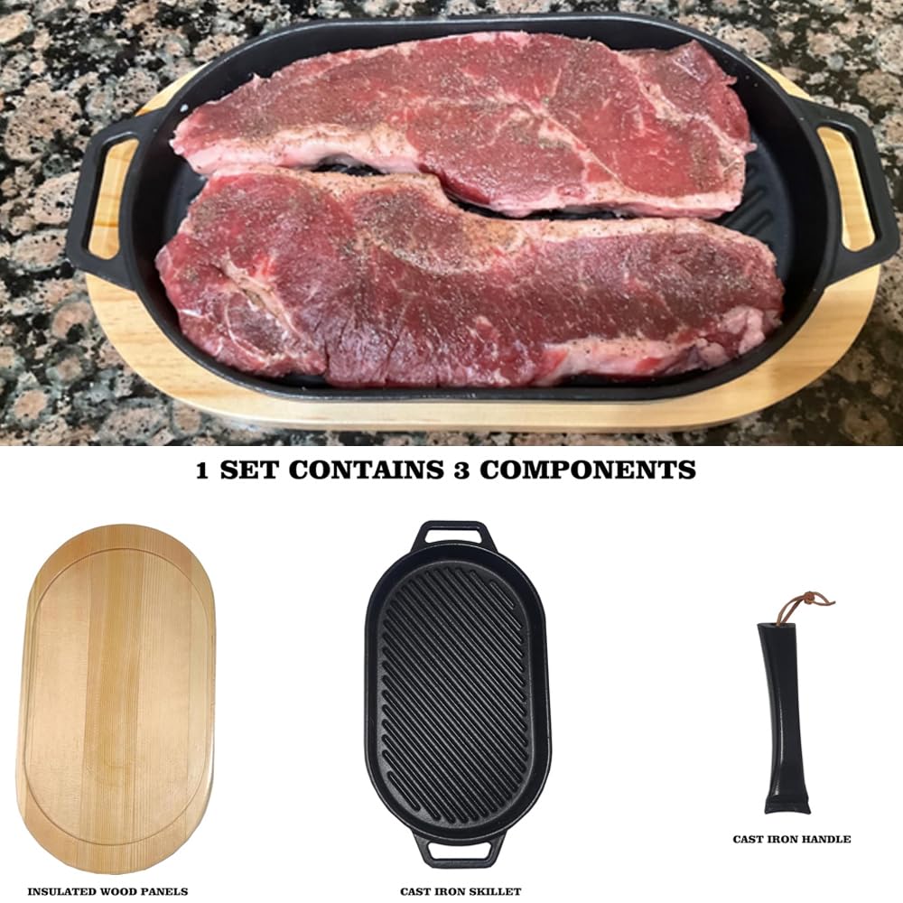JIN BETTER GRILL PARTS New Skillet with Insulated Wooden Cushion and Removable Handle Compatible with Gas Cooktops and Grills