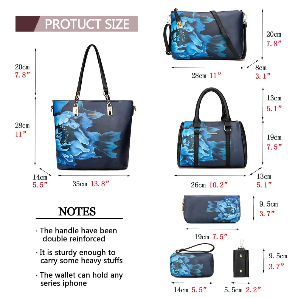 2E-youth Women Designer Purses And Handbags Set Satchel Shoulder Bags Tote Bags 6pcs Wallets (black&blue)