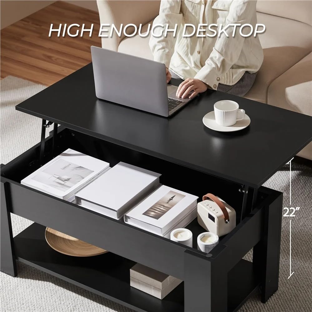 Coffee Table with Lift Top, Lift Table Dining Center Table with Lower Shelf, Modern Wooden Coffee Table for Living Room, Study, Office, Small Space (Black)