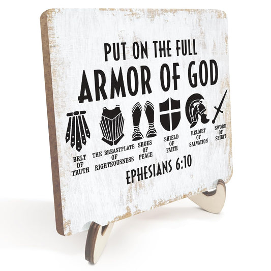 Inspirational Christian Wood Sign Rustic Religious Bible Verse Desk Decor Decorative Faith Jesus Decorations for Home Cave Men Room Decor Office Accessories Table Shelf Wooden Plaque with Wood Stand