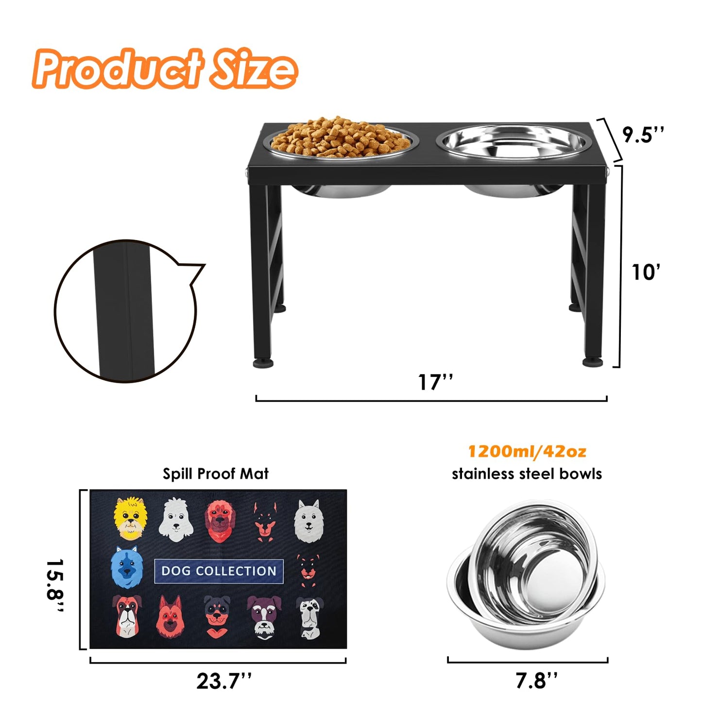 ADENGL Metal Raised Dog Bowl, 10" Tall Elevate Dog Feeder Stand with 2 Stainless Steel 42oz Bowls & 16x24 Non-Slip Mat – Stronger Dogs Food & Water Bowl Stand (Black)