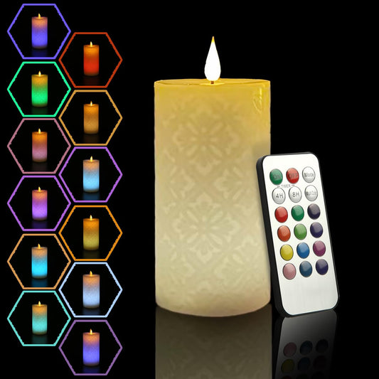 NICEME LED Multi Colored Flameless Candle with Remote Control Timer, 6" Realistic Wax Color Changing Candle Battery Operated with Flickering Flame Fake Pillar Votive Candle for Wedding Home