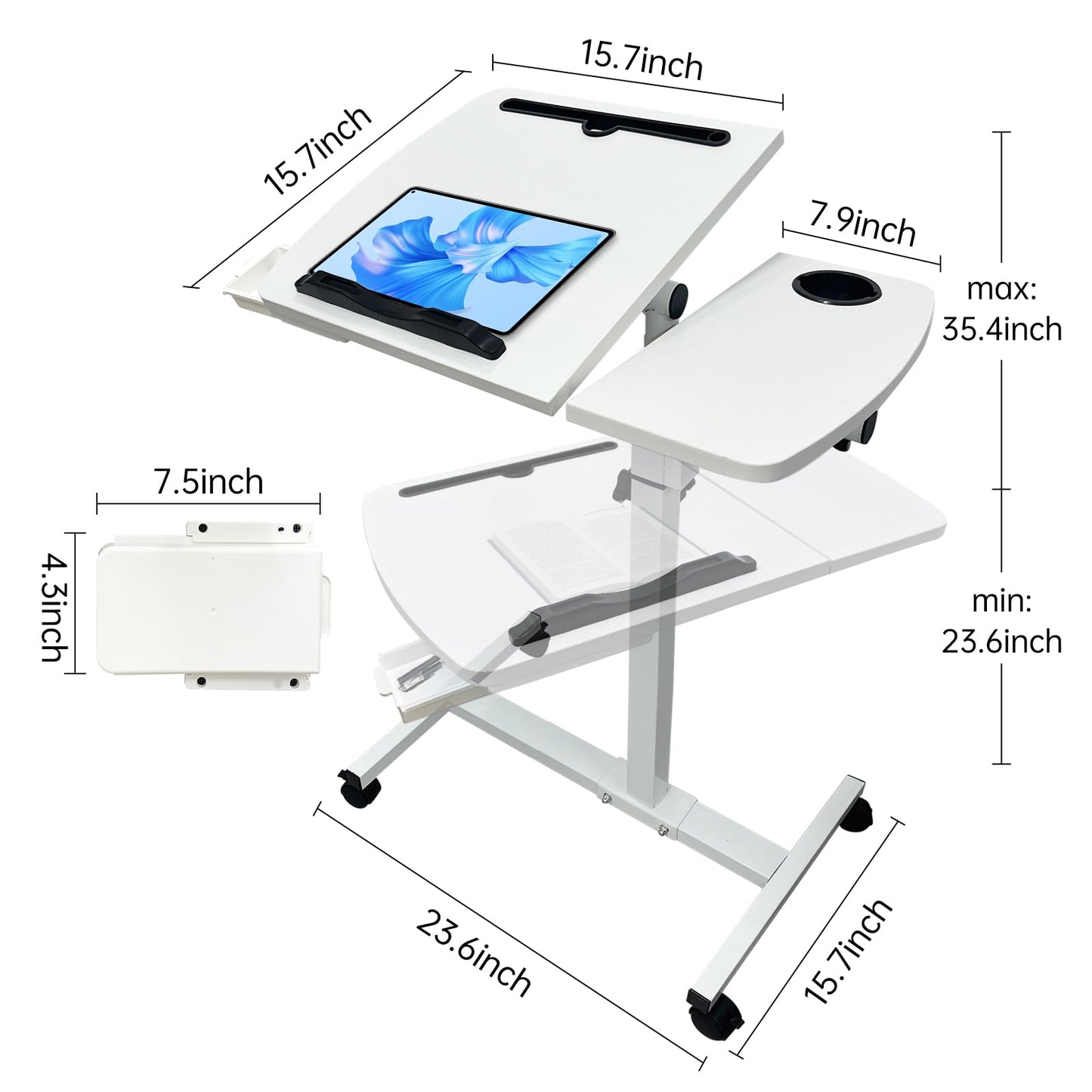 DOKKOME Medical Adjustable Overbed Bedside Table with Wheels, Mobile Standing Desk Laptop Computer Cart with Phone Holder and Drawer for Hospital and Home Use