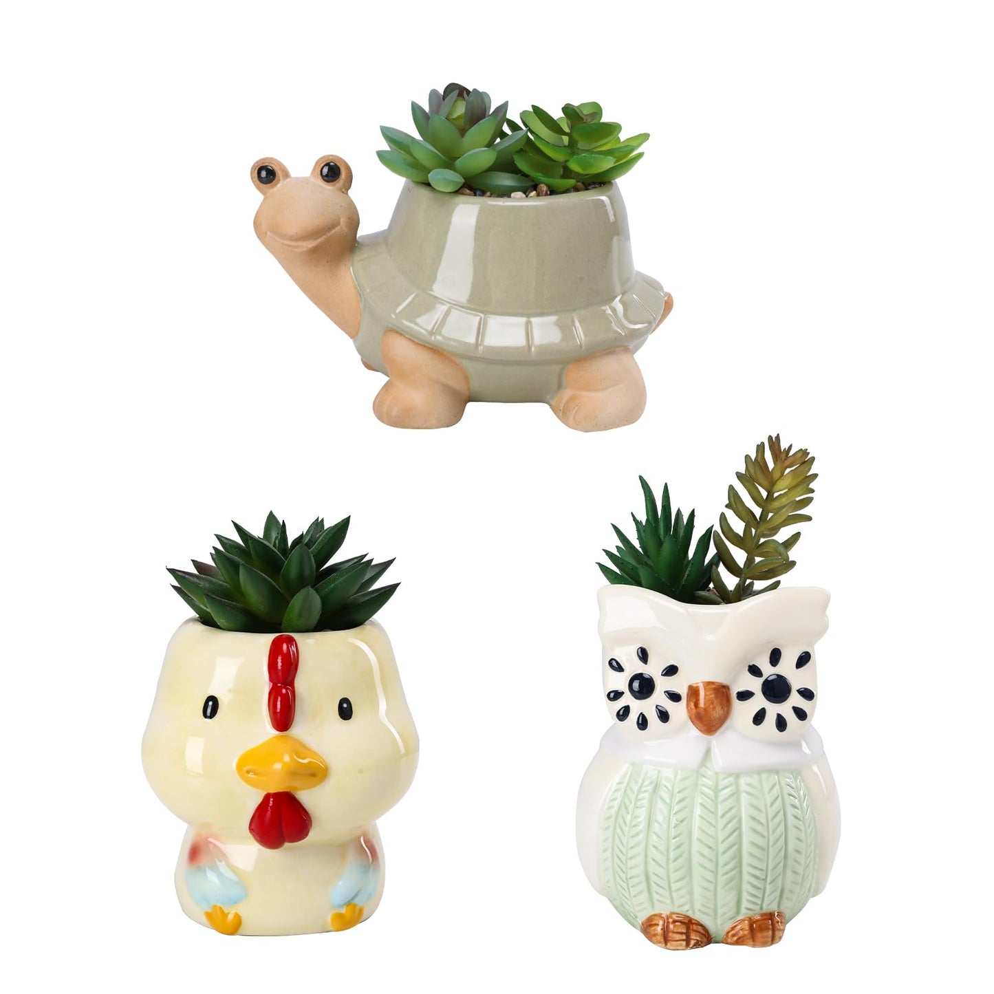 VCUTEKA Artificial Plant Mini Fake Plants Small Succulents Plants in Cute Animal Ceramic Pots for Home Bathroom Bedroom Office Desk Decorations Shelves Indoor Table Decor 3 Pack Turtle Chicken Owl