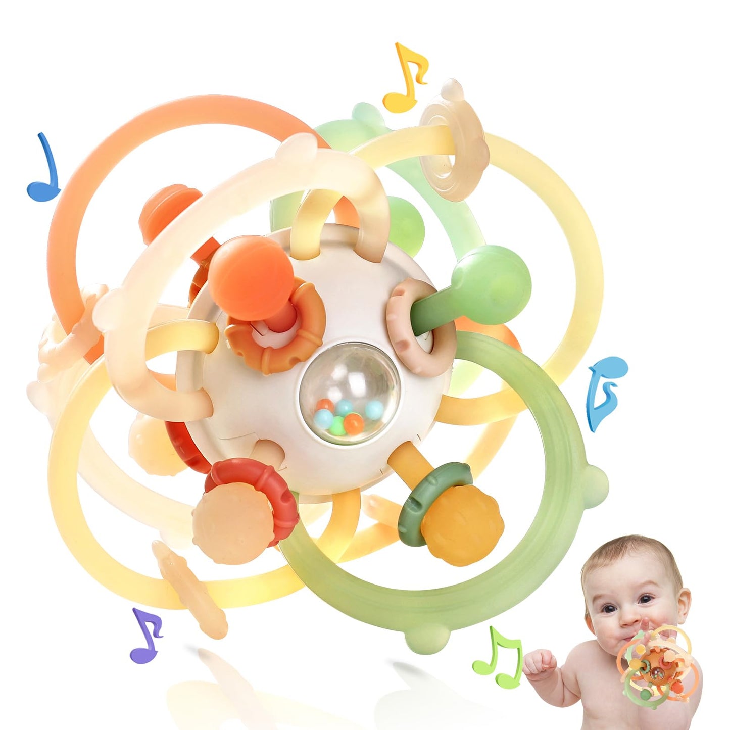 Orzbow Baby Sensory Teething Toys, Infant Montessori Teether Ball, Silicone Baby Rattle Ball Toy, Babies Chew Toys for 3-6-12-18 Months Sucking Needs, Teethers Relief, BPA Free, Brown