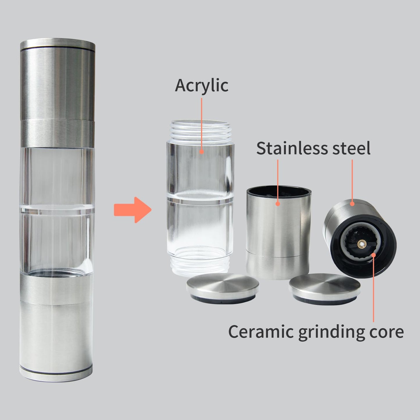 2 in 1 Salt and Pepper Grinder Stainless Steel Pepper Mill Grinder Refillable Adjustable Coarseness Mills for Sea Salt, Small Peppercorn, Black Pepper