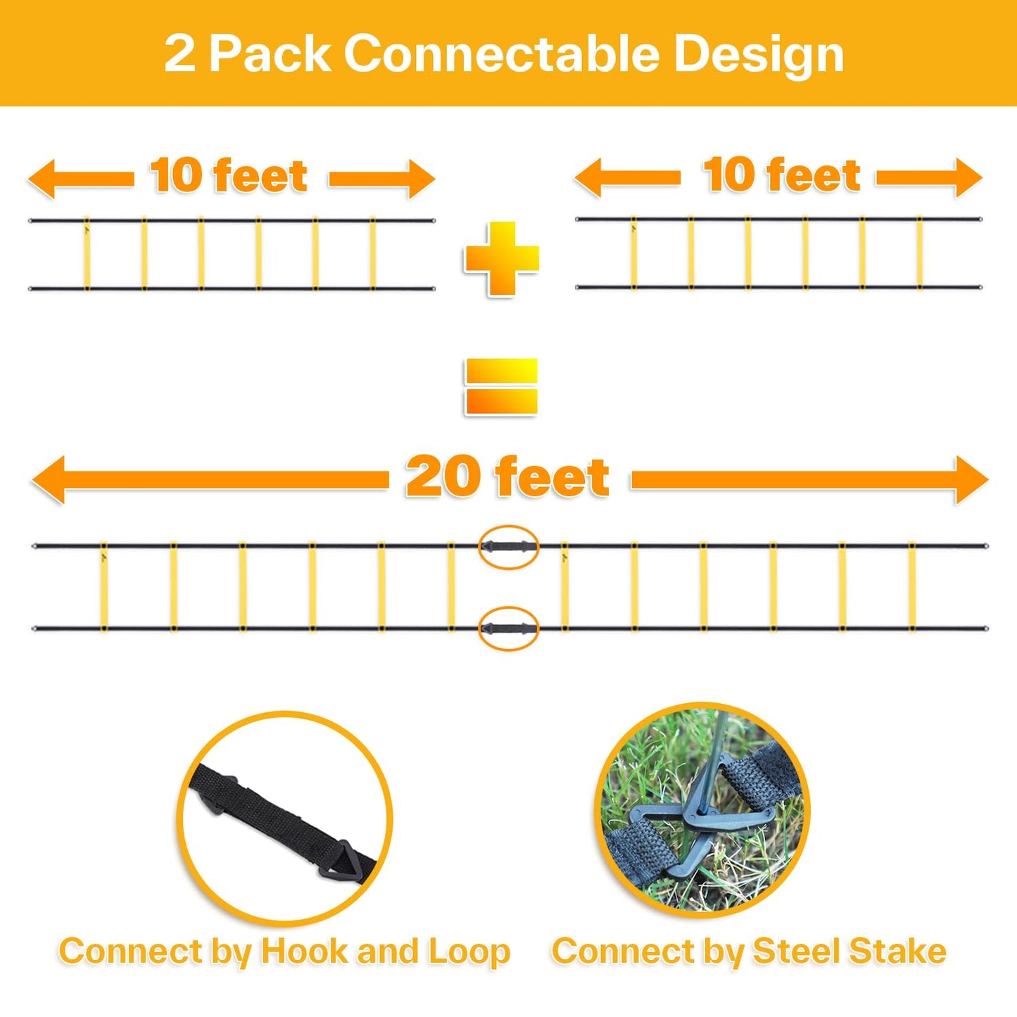 Sportneer Agility Ladder Speed Training Set - 12 Rungs 20ft Detachable Exercise Ladders in 2pcs (6 rungs each) with Ground Stakes for Soccer Football Footwork Training - Ladder with Carry Bag - Yellow