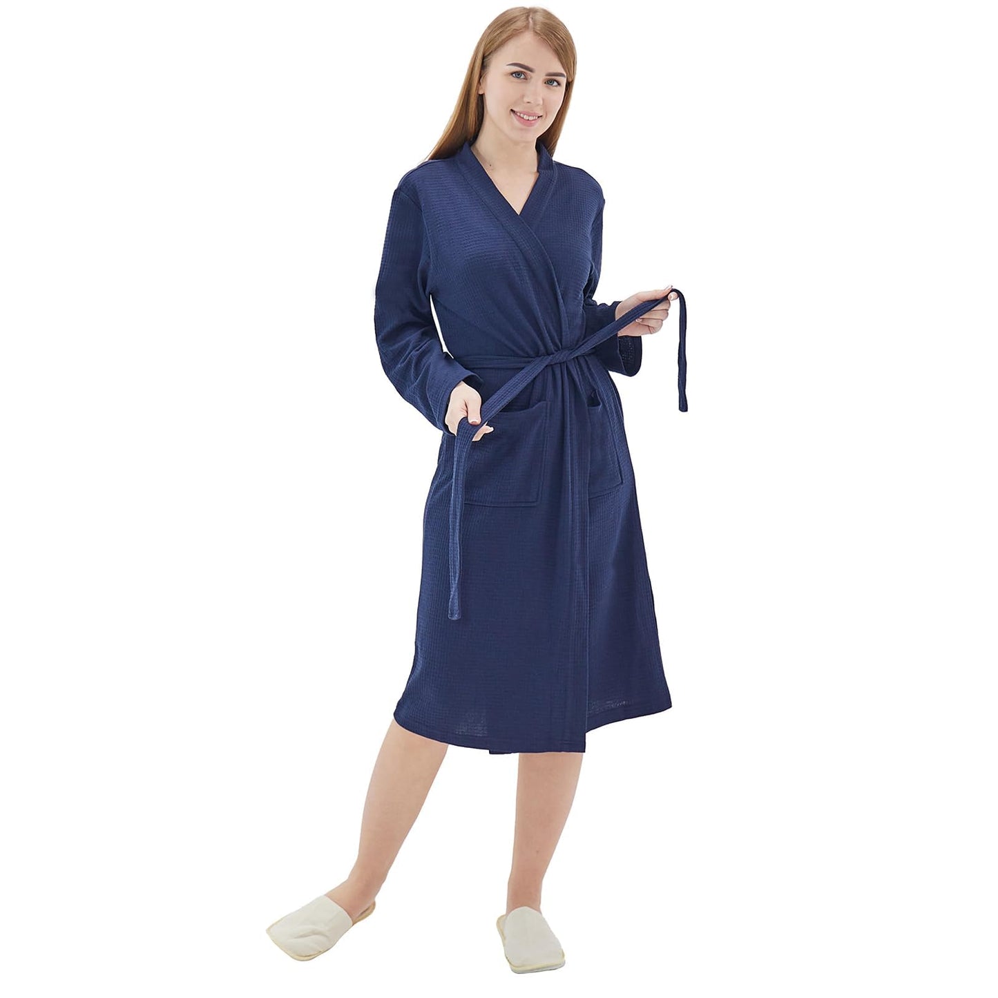 Dowesrobe Women's Robes Luxury cotton Lightweight Summer Long Plus Size BathRobes for Women Soft Kimono Spa Knit Waffle Robes(X-Large,Navy)