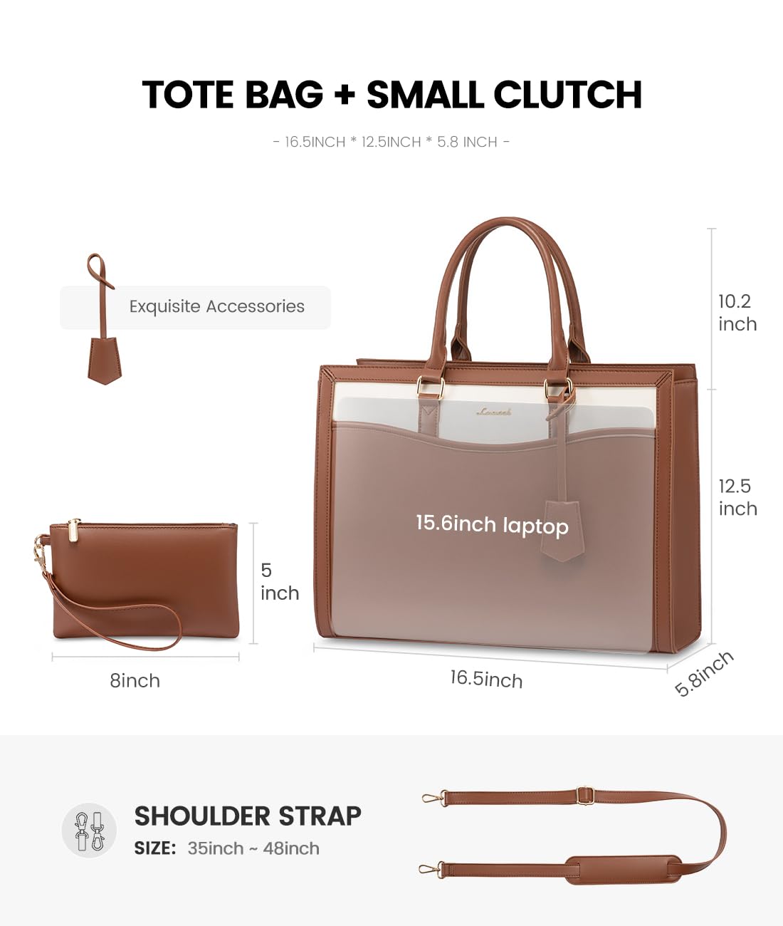 LOVEVOOK Laptop Tote Bag for Women, Leather Office Work Bag Briefcase fit for 15.6 inch Laptop, Large Teacher Computer Bag Handbag,2pcs Set Leather/Brown-White