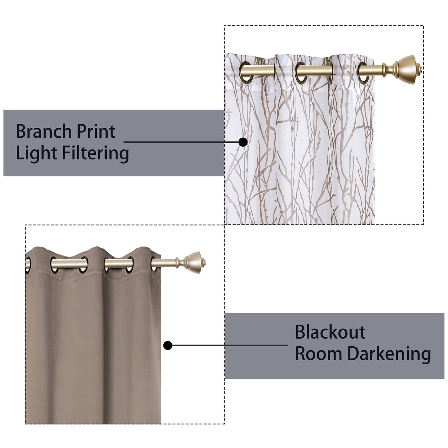 BONZER Mix and Match Curtains - 2 Pieces Branch Print Sheer Curtains and 2 Pieces Blackout Curtains for Bedroom Living Room Grommet Window Drapes, 54x84 Inch/Panel, Taupe, Set of 4 Panels