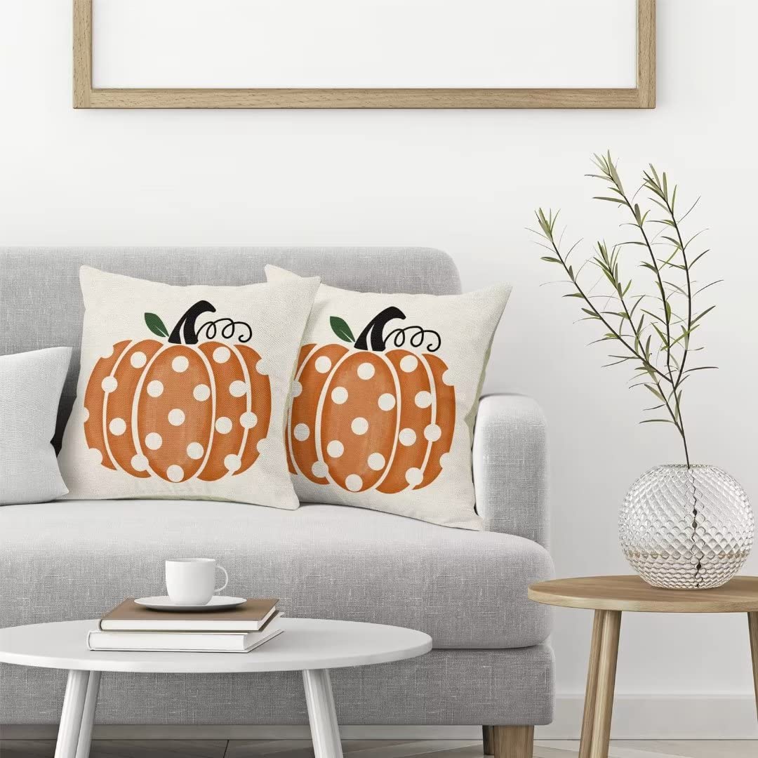 Fall Pumpkin Pillow Covers 18x18 Set of 2 Farmhouse Polka Dots Decorative Throw Pillow Outdoor Linen Square Autumn Thanksgiving Cushion Cover Decor for Home Couch Sofa