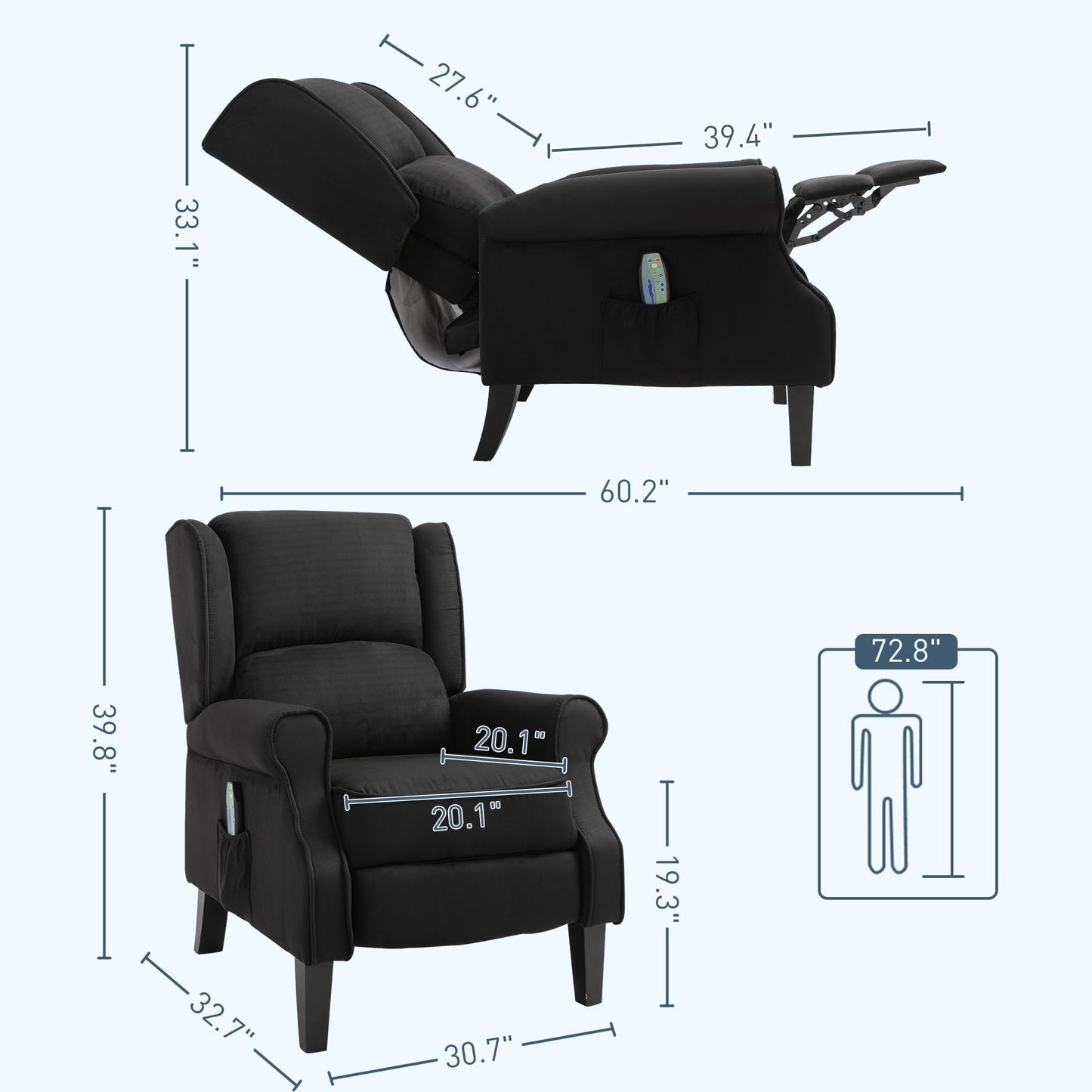 HOMCOM Vibration Massage Recliner Chair for Living Room with Heat, Wingback Single Sofa, Modern Suede Fabric Push Back Reclining Chair with Footrest, Side Pocket, Black
