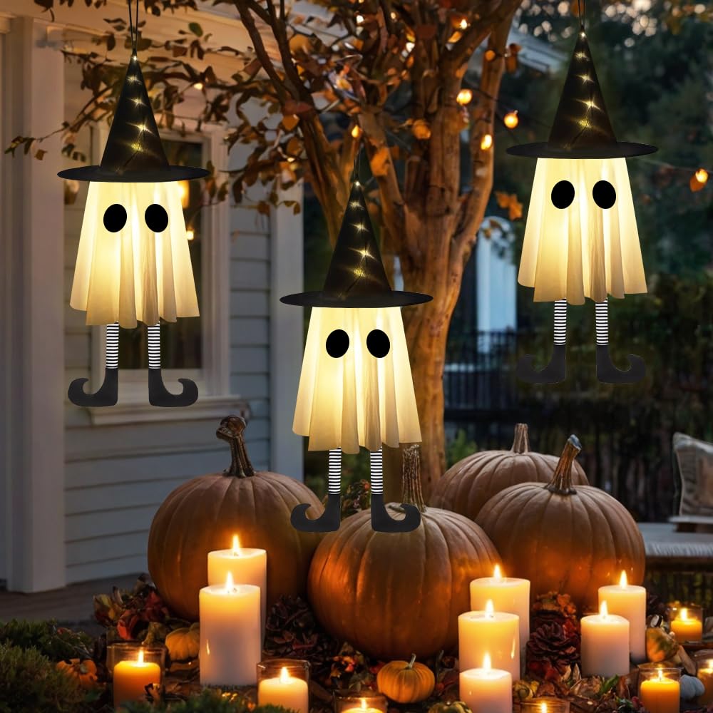 YUJUN 3 Packs Halloween Hanging Ghosts Decorations,Halloween Outdoor Indoor Witch Hat Glowing Ghost Lights Decor for Yard Patio Garden Tree Outside