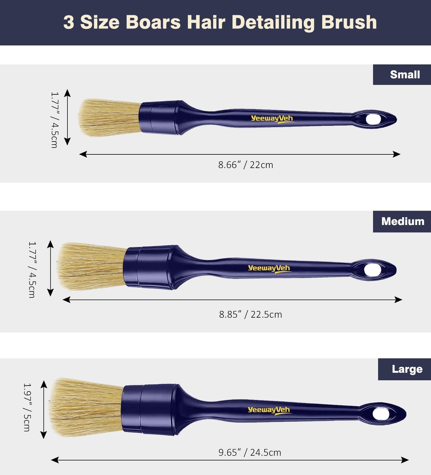 YeewayVeh Car Detailing Brush Set, 3 Pack Ultra Soft Boars Hair Detailing Brushes for Leather Seat Air Vents Engine Bay, Auto Detail Brushes Car Detailing for Interior Exterior, Indigo