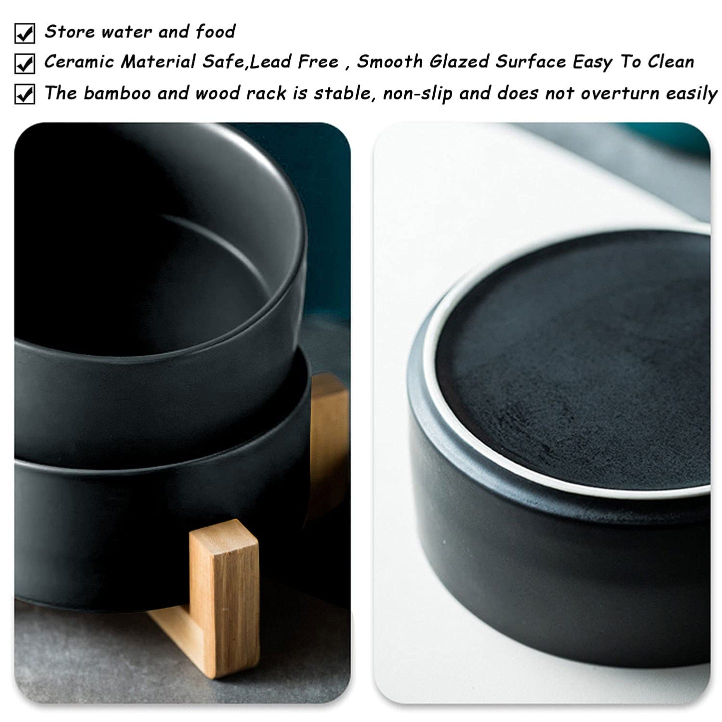 Petygooing Ceramic Dog Cat Bowls Set with Stand,Black Pet Food and Water Bowl,Small Dog Bowls Cute Modern Anti Slip Set of 2 Pet Feeder Small Size Pet Dish(13.5OZ/5.1 in)