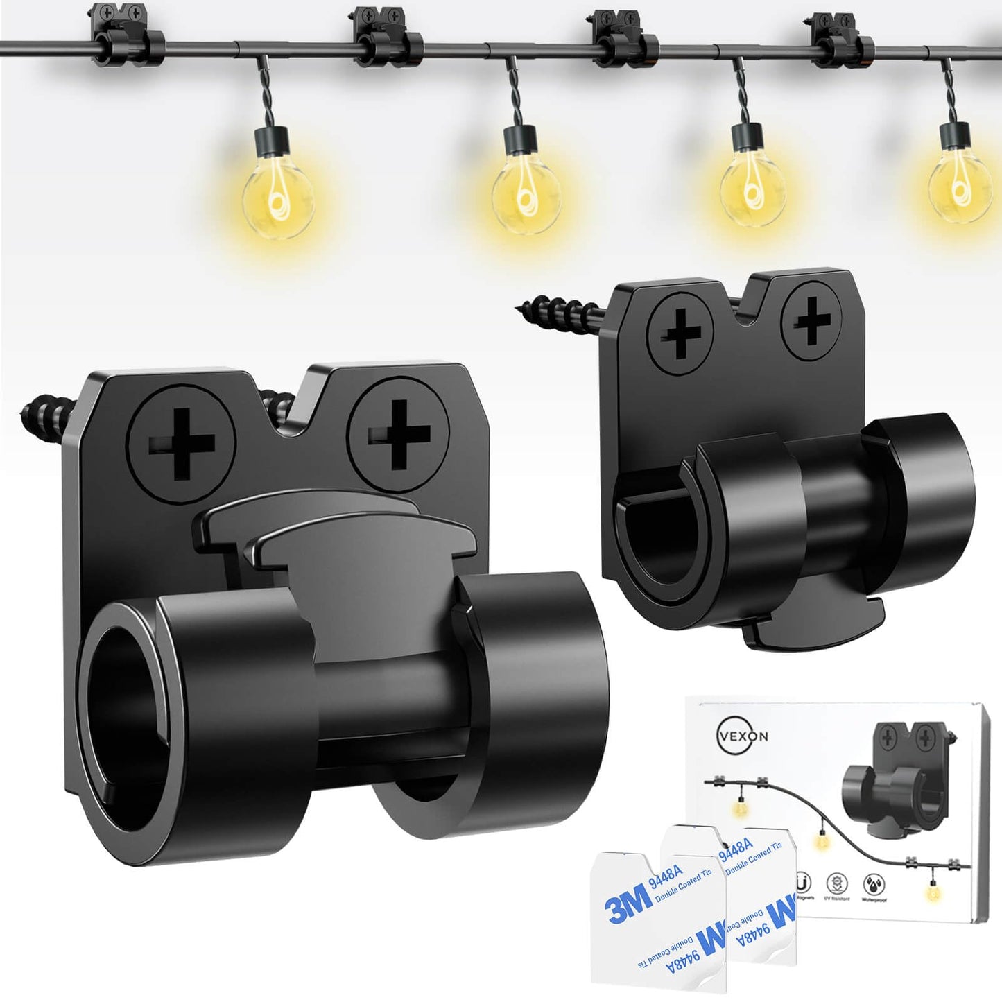 VEXON Hooks for Outdoor String Lights Clips: 25pcs Christmas Light Clips with Waterproof Adhesive for Hanging Balcony Lights - Outside Black String Light Hooks - Decor Garland Hanger - Cable Holders