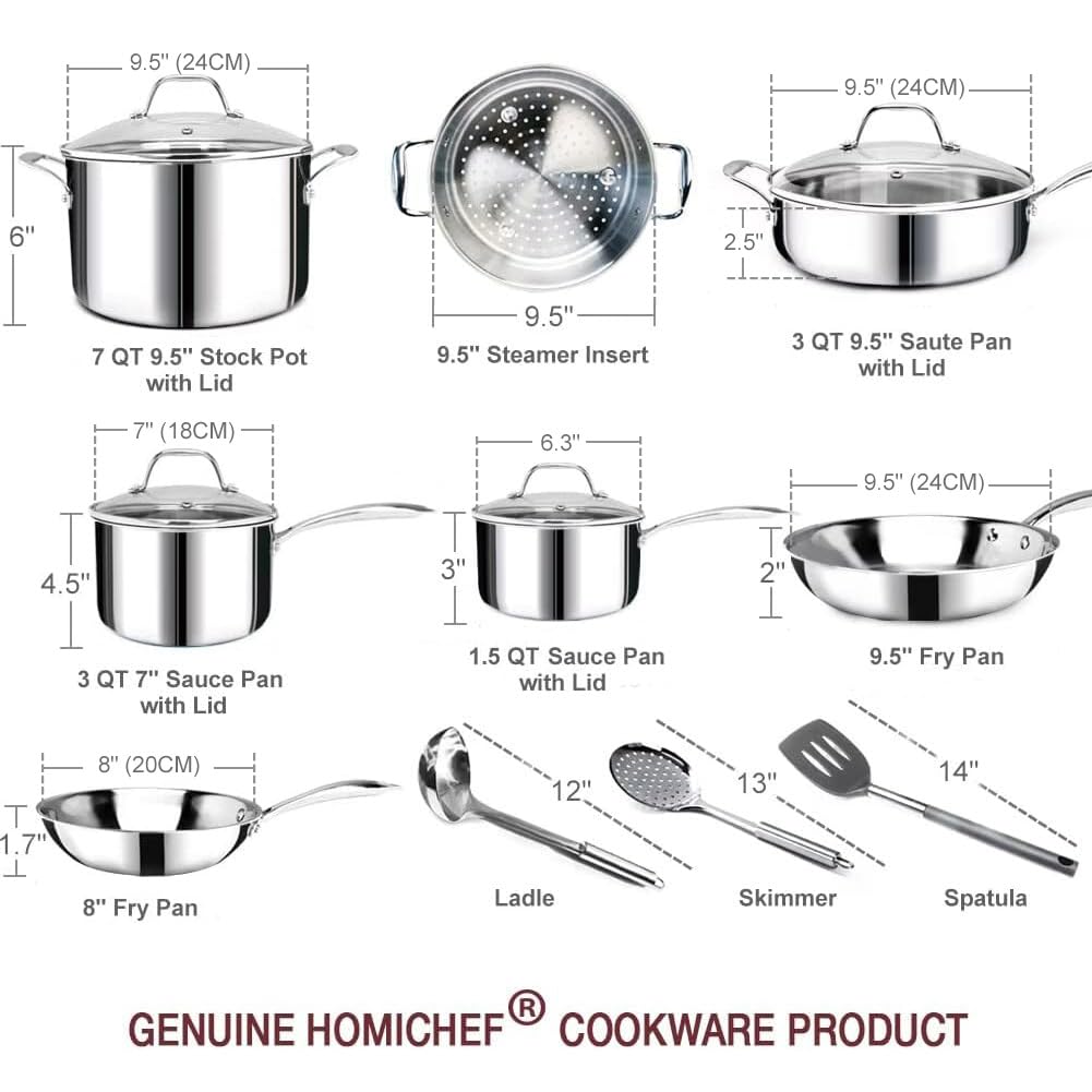 HOMICHEF 14-Piece Nickel Free Stainless Steel Cookware Set Whole-Clad 3-Ply - Mirror Polished Pots And Pans Set - Healthy Cookware Set With Steamer - Non-Toxic Induction Cookware Sets
