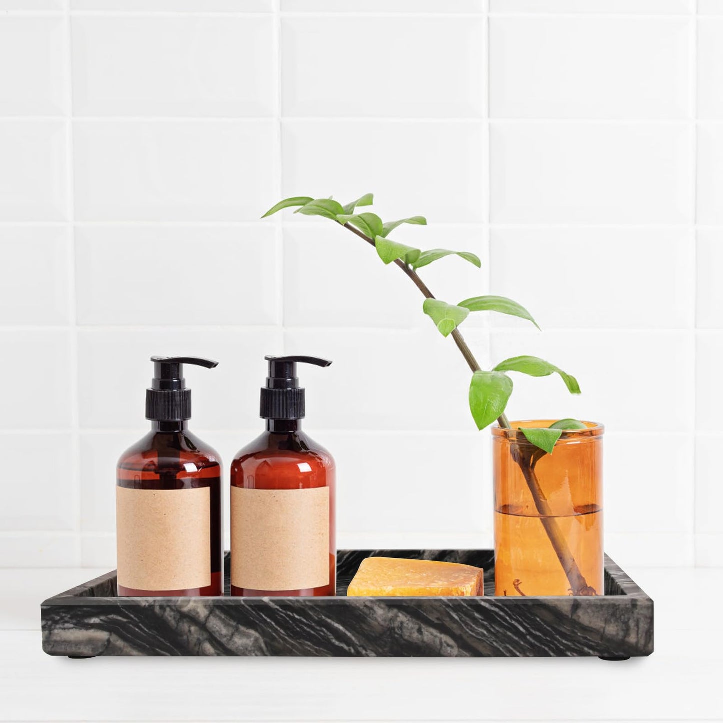 Marble Bathroom Vanity Tray, Natural Luxury Vanity Home Kitchen Bathroom Table Tray, Stone Decorative Countertop Dresser Trays for Key Coffee Perfume Jewelry Makeup (Wood Grain, 12"x 8" x1.2")