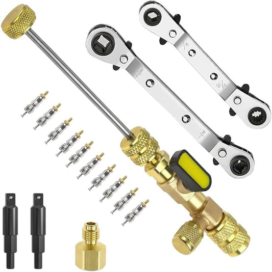 Valve Core Remover Installer Tool & HVAC Service Wrench Set with Hex Bit Adapters, Dual Size SAE 1/4 & 5/16 Port,3/8'' to 1/4'', 5/16'' x 1/4'' Refrigeration Service Wrench,10pcs Valve Core