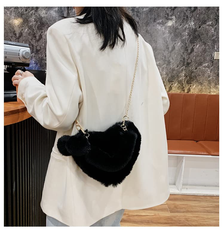 Rejolly Heart Shaped Purse for Women Fluffy Furry Bag for Girls Faux Fur Fuzzy Handbag Soft Small Valentine's Day Shoulder Bag with Chain Strap Black